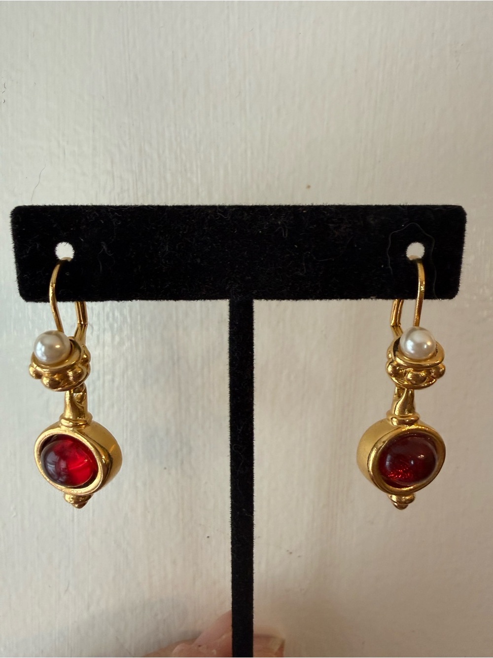Signed Jesara Vintage Gold-Tone Pearl & Red Glass Drop Earrings